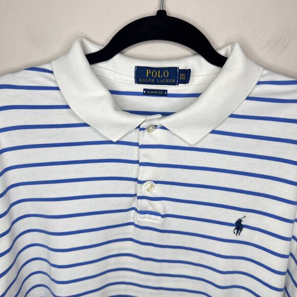 Polo Ralph Lauren XXL Classic Fit Striped Soft Cotton Polo White‎ Blue Preppy - Picture 3 of 8